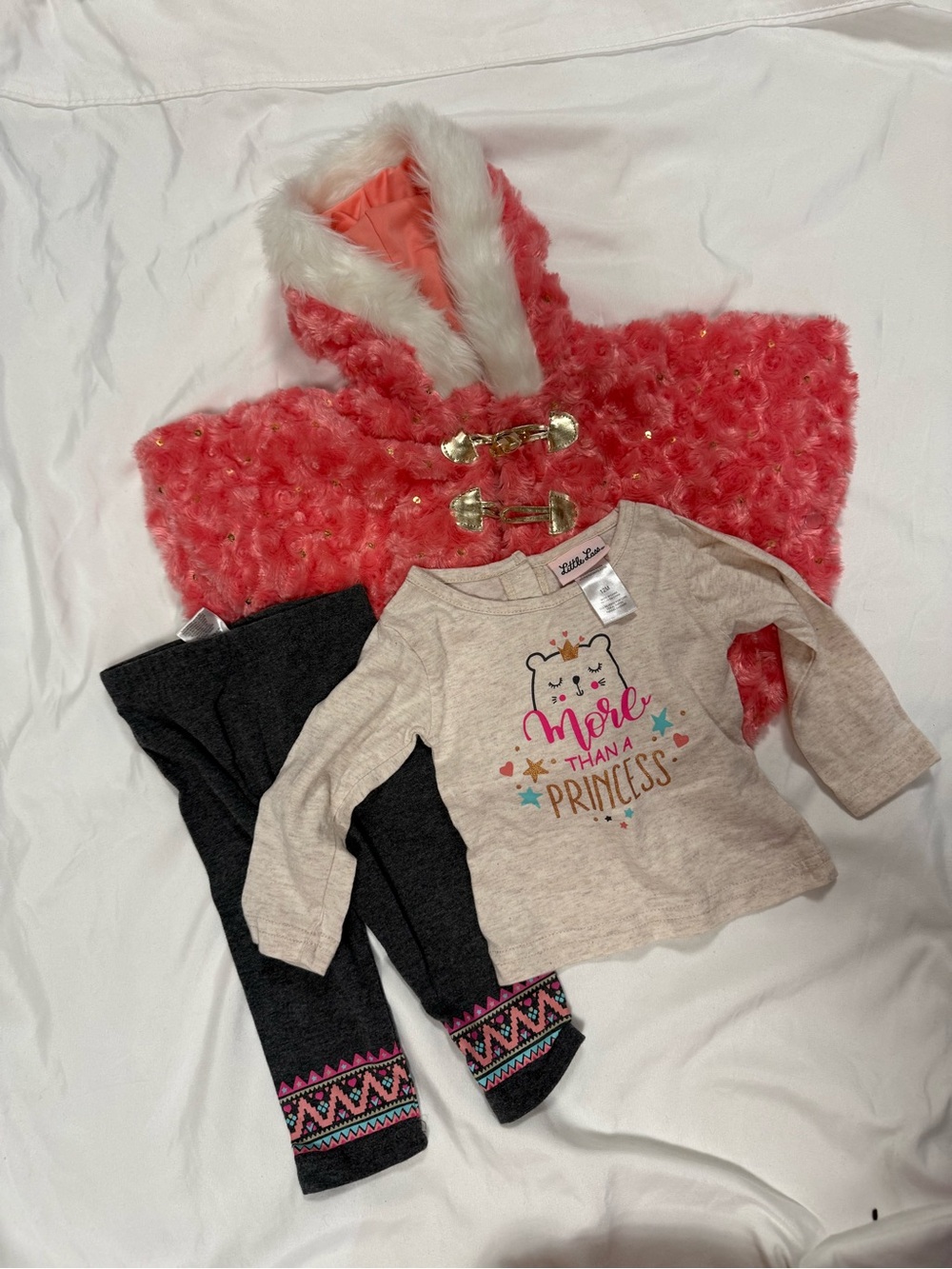 Little Lass Pink Faux Fur Hooded Cape with Neutral Top & Charcoal Leggings Set